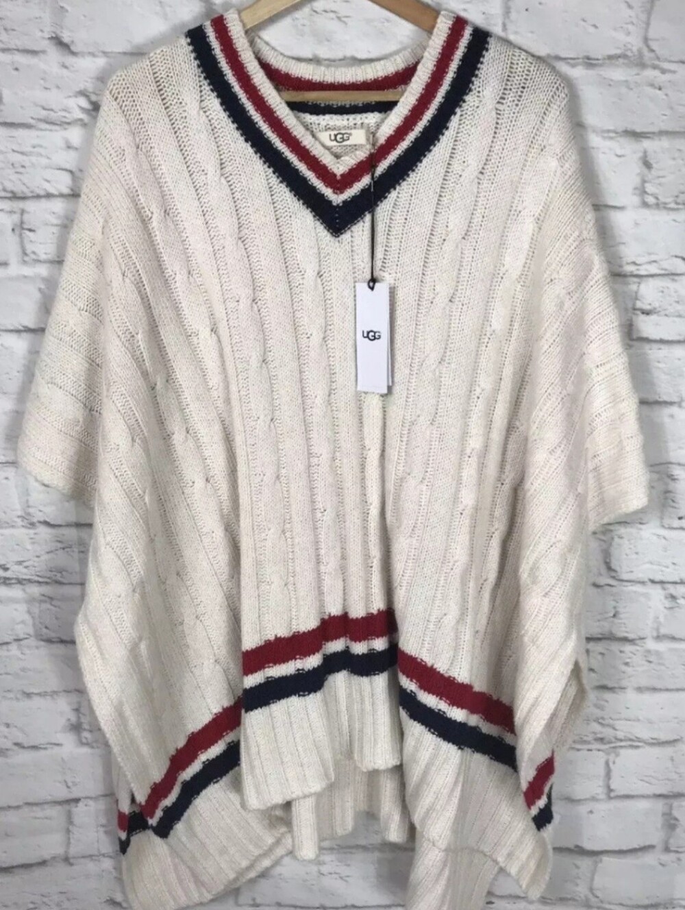 NWOT UGG Women's Weslynn Cream Wool Stiped Cableknit Poncho Sweater Size M/L - Picture 1 of 4